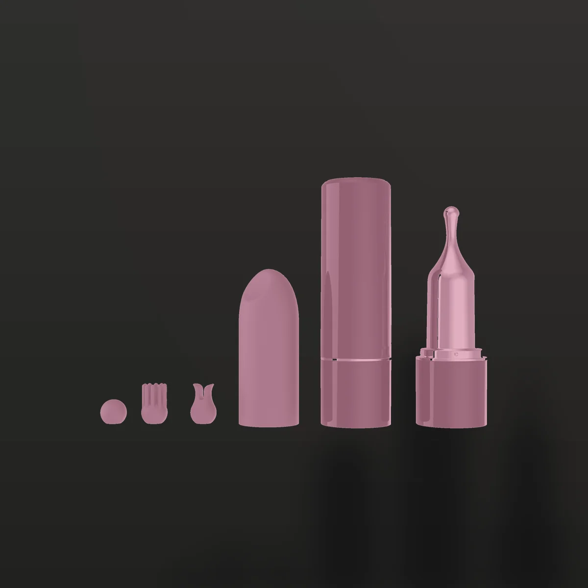 Conjunto completo do batom vibrador LY007 com base preta: corpo, três cabeças de silicone e ponta dourada